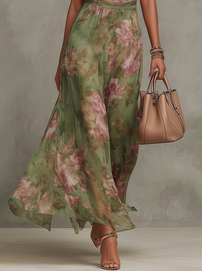 Floral Halter Neck Ruched Chiffon Maxi Dress 6