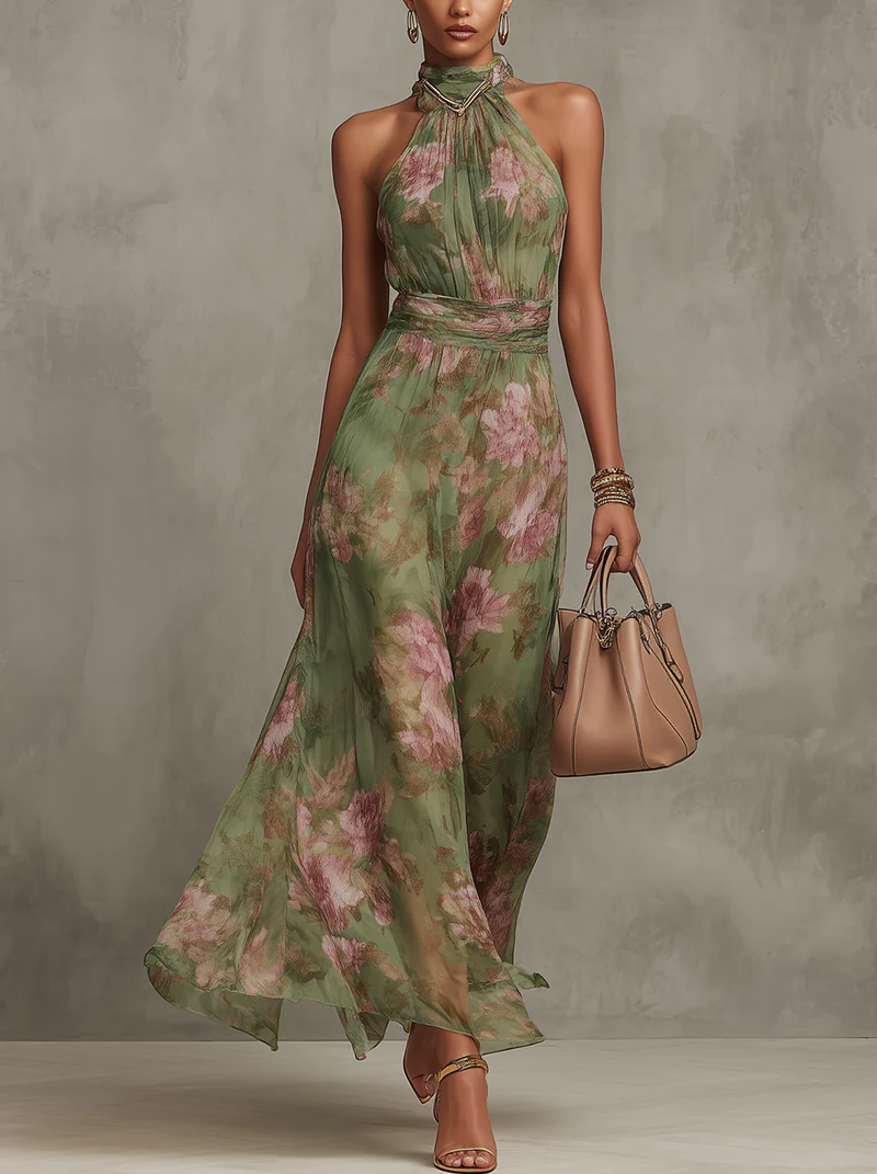 Floral Halter Neck Ruched Chiffon Maxi Dress 3
