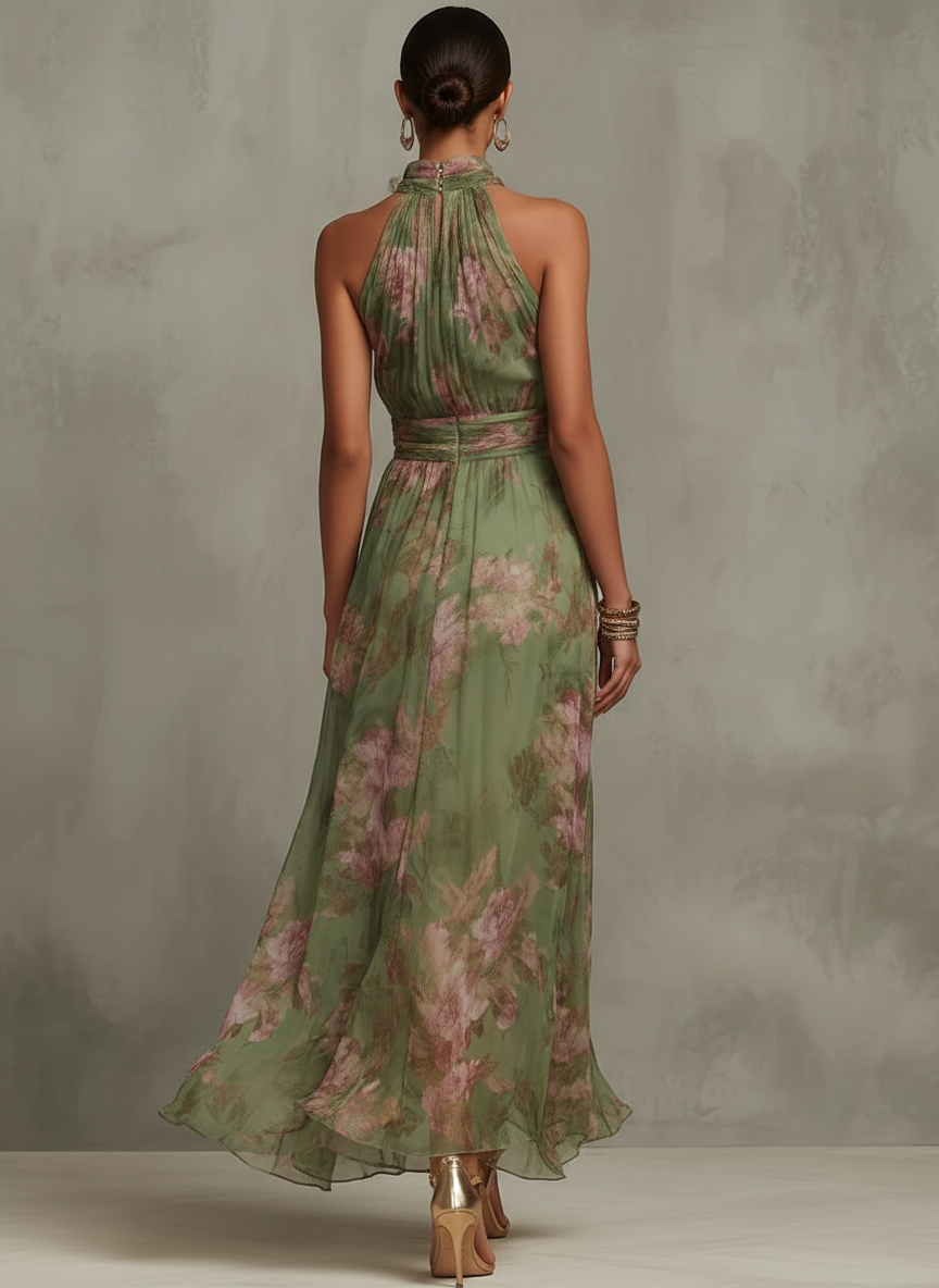 Floral Halter Neck Ruched Chiffon Maxi Dress 4