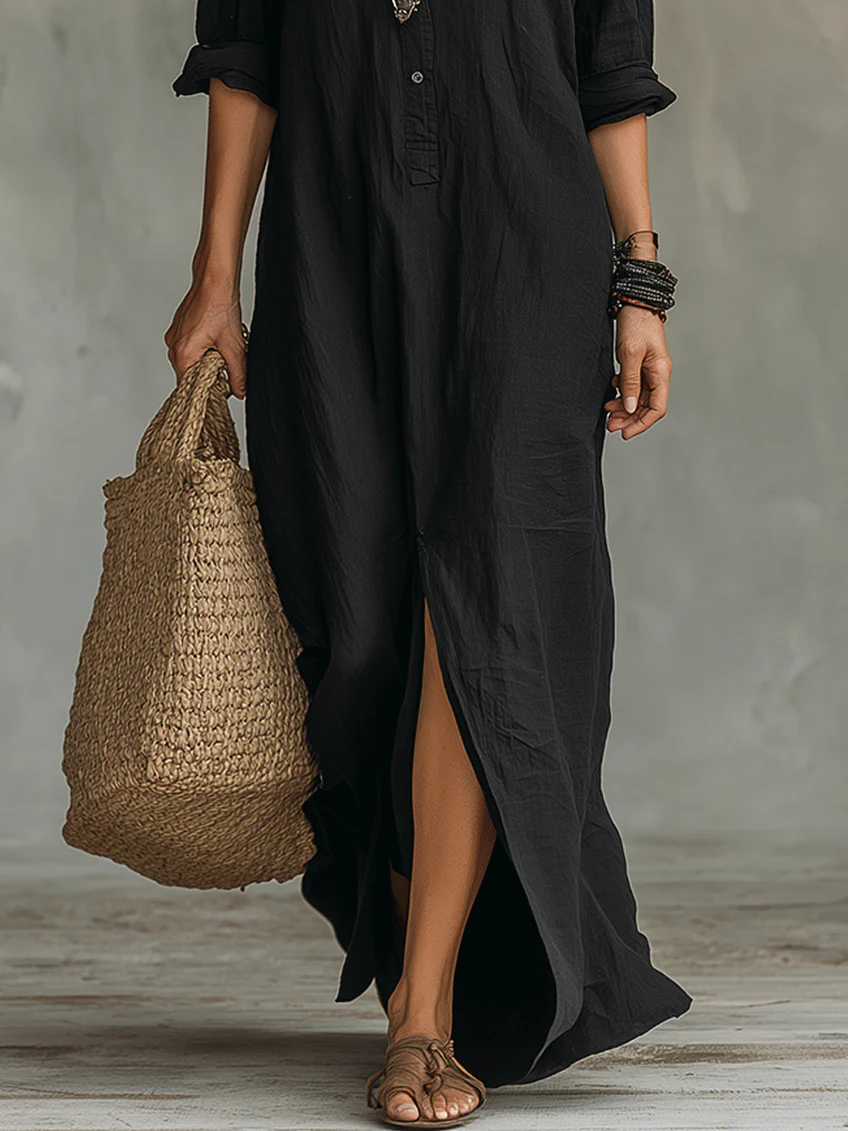 Collared Button Front Long Sleeve Side Split Shirt Maxi Dress 5