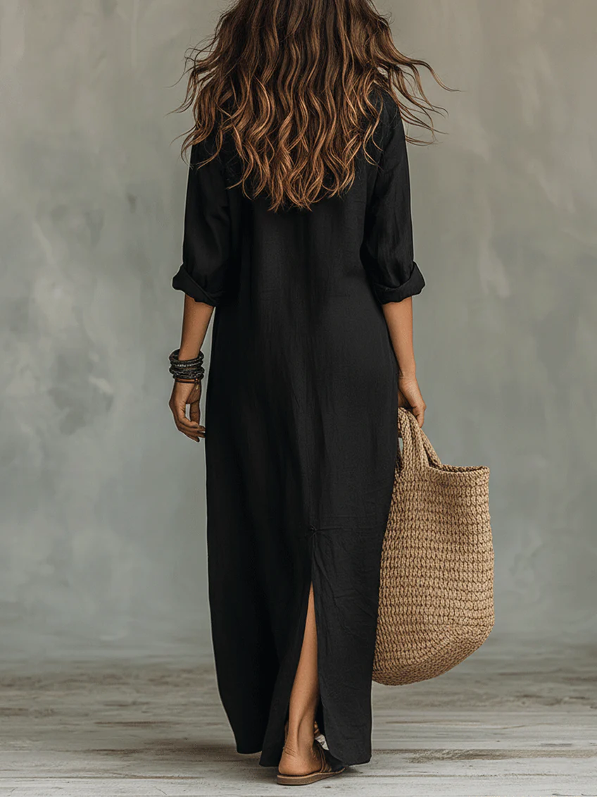 Collared Button Front Long Sleeve Side Split Shirt Maxi Dress 3