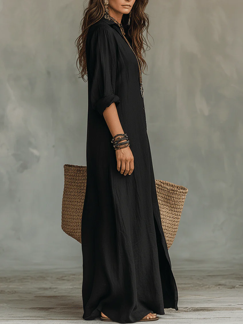 Collared Button Front Long Sleeve Side Split Shirt Maxi Dress 2