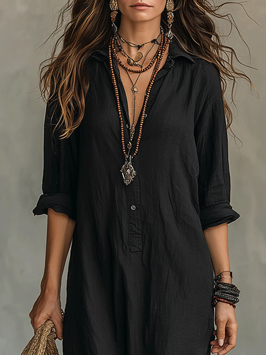 Collared Button Front Long Sleeve Side Split Shirt Maxi Dress 4