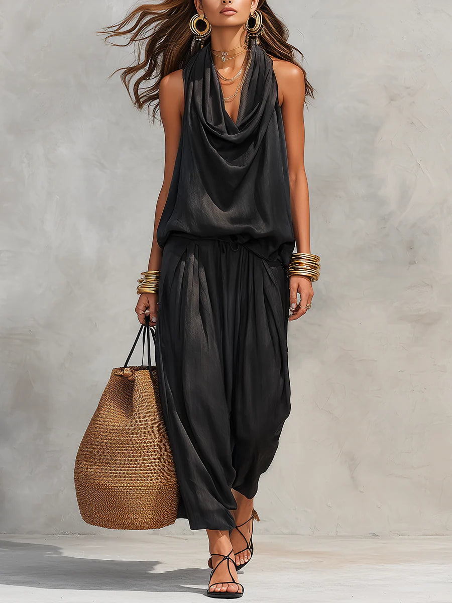 Cowl Neck Sleeveless Draped Satin Look Harem Jumpsuit