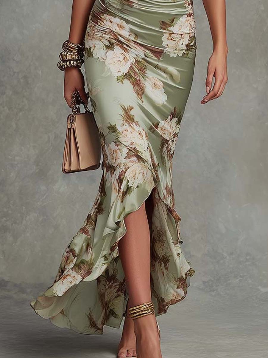 Floral Deep V-Neck Ruffle Sleeve Satin Mermaid Midi Dress 6