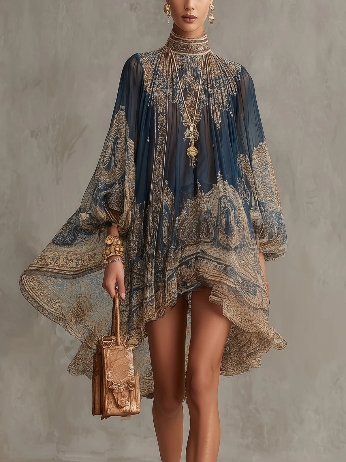 Paisley Print High Neck Bishop Sleeve Chiffon Mini Dress