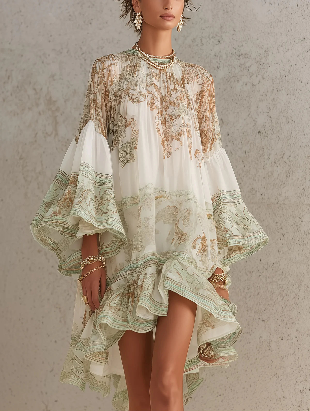 Printed Chiffon High Neck Bishop Sleeve Ruffle Hem Mini Dress