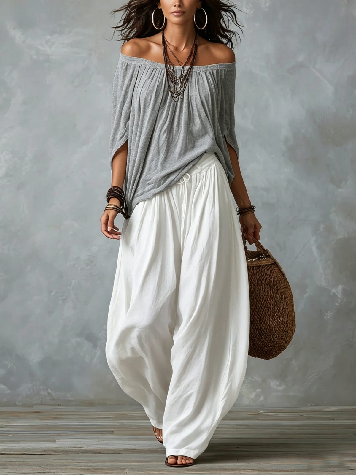 Off Shoulder Top and Harem Pants Two Piece Set 6