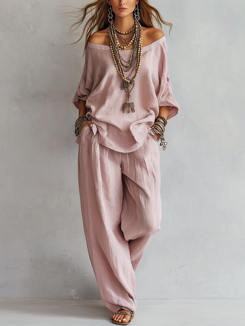 Off Shoulder Long Sleeve Top and Wide Leg Pants Two Piece Set