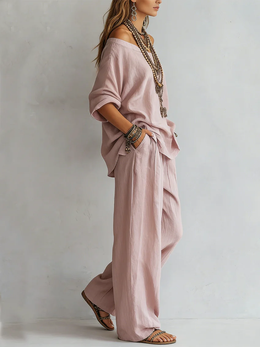 Off Shoulder Long Sleeve Top and Wide Leg Pants Two Piece Set 2