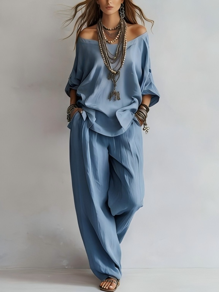 Off Shoulder Long Sleeve Top and Wide Leg Pants Two Piece Set 6