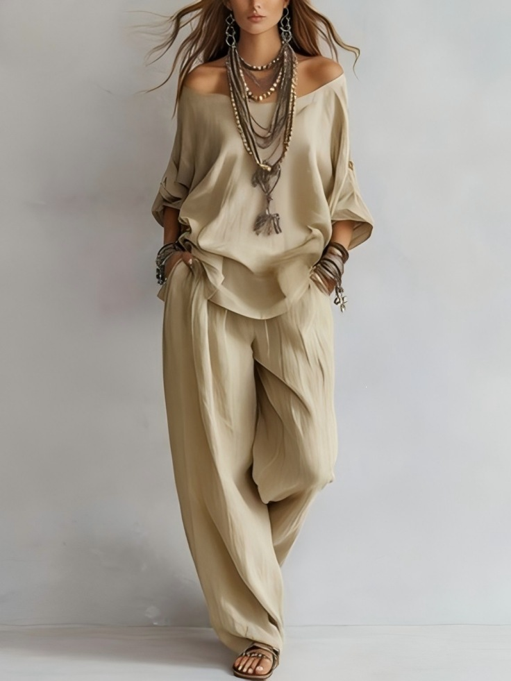 Off Shoulder Long Sleeve Top and Wide Leg Pants Two Piece Set 4