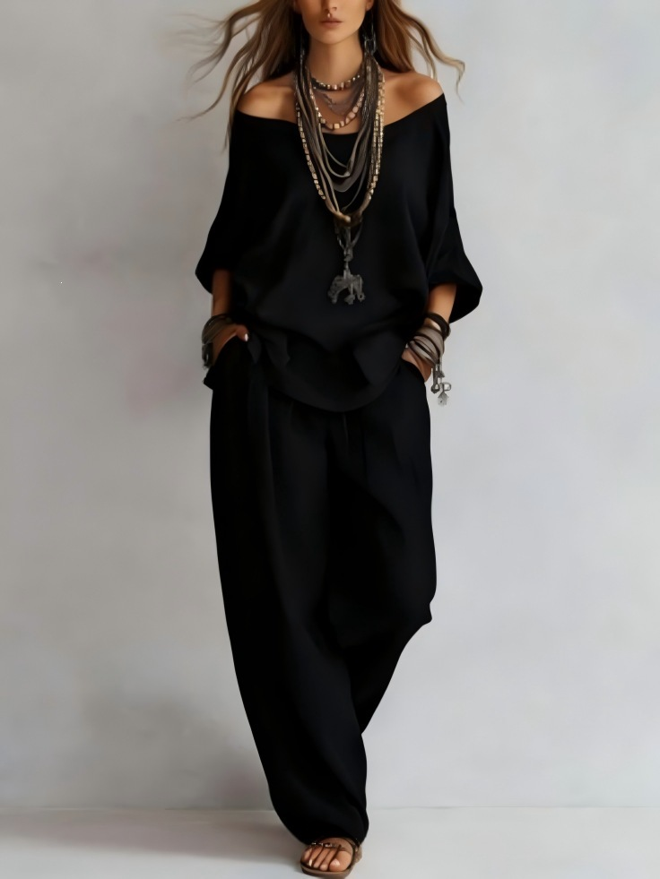 Off Shoulder Long Sleeve Top and Wide Leg Pants Two Piece Set 5