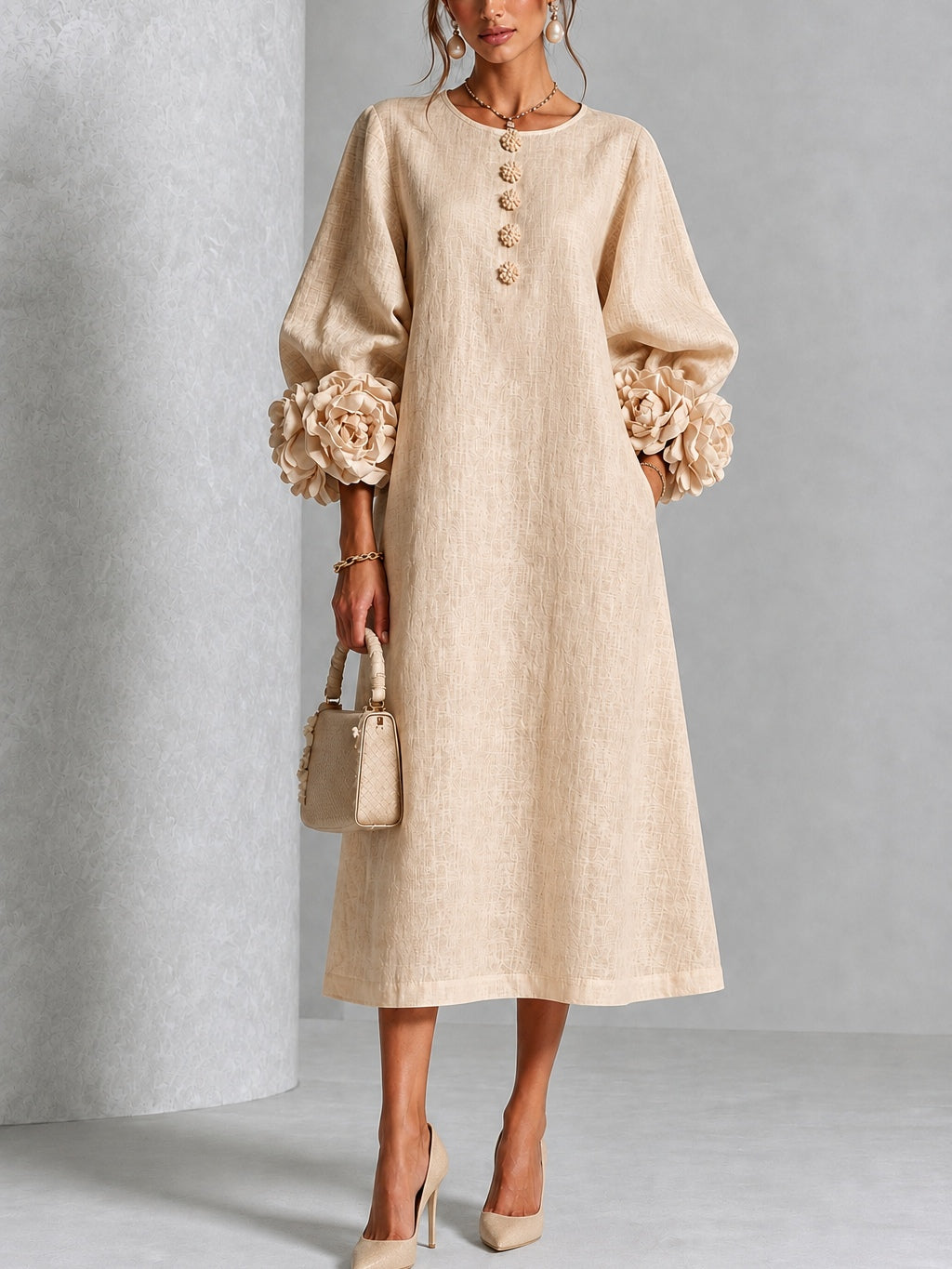 Round Neck Long Sleeve Floral Applique Button Midi Dress