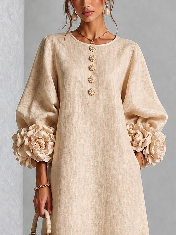 Round Neck Long Sleeve Floral Applique Button Midi Dress 4