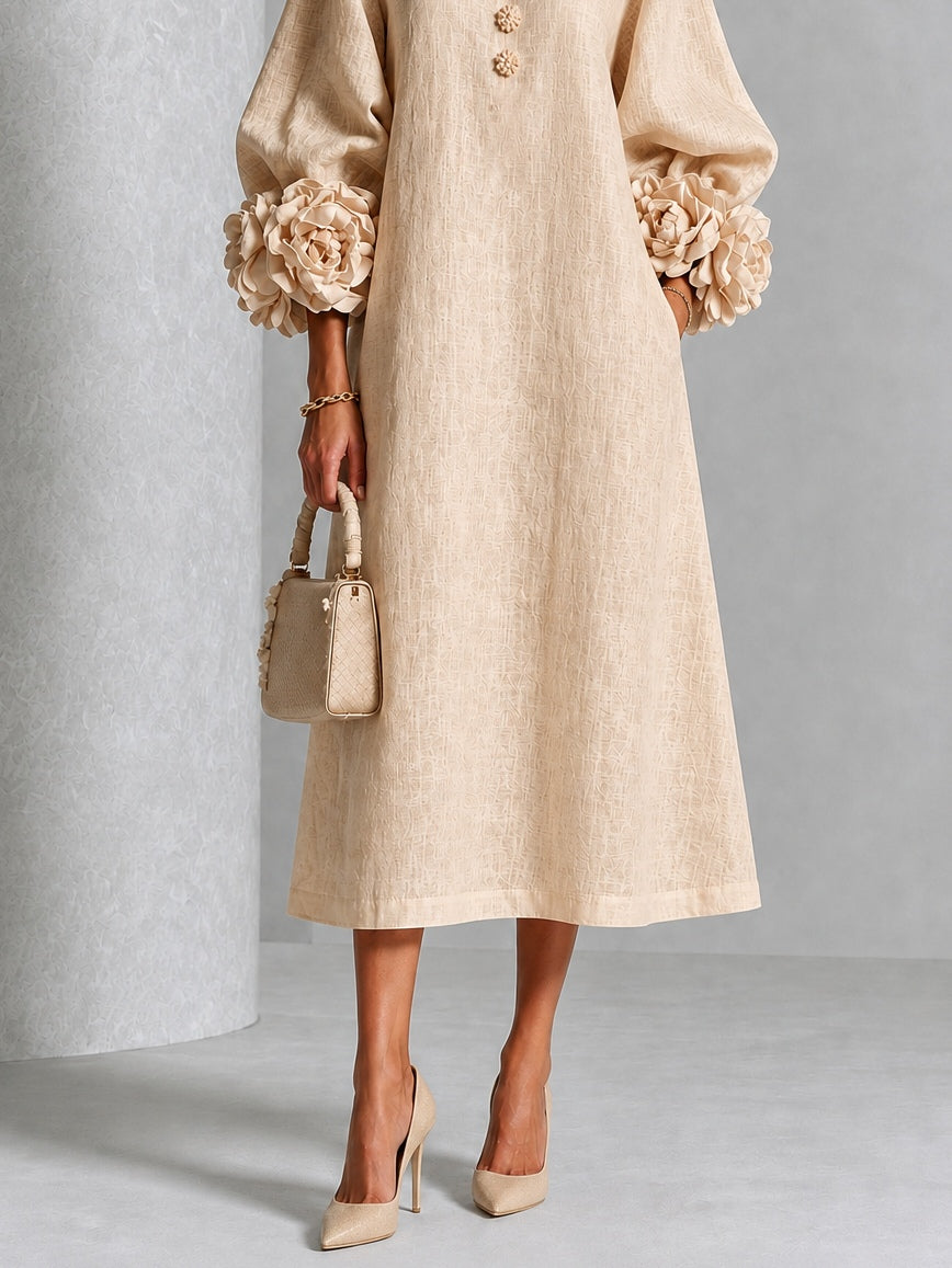 Round Neck Long Sleeve Floral Applique Button Midi Dress 5