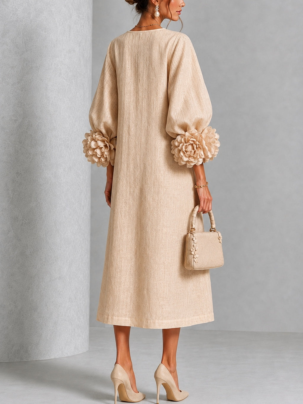 Round Neck Long Sleeve Floral Applique Button Midi Dress 3