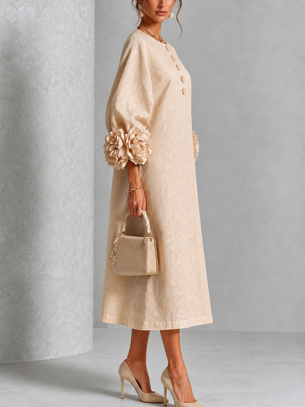 Round Neck Long Sleeve Floral Applique Button Midi Dress 2