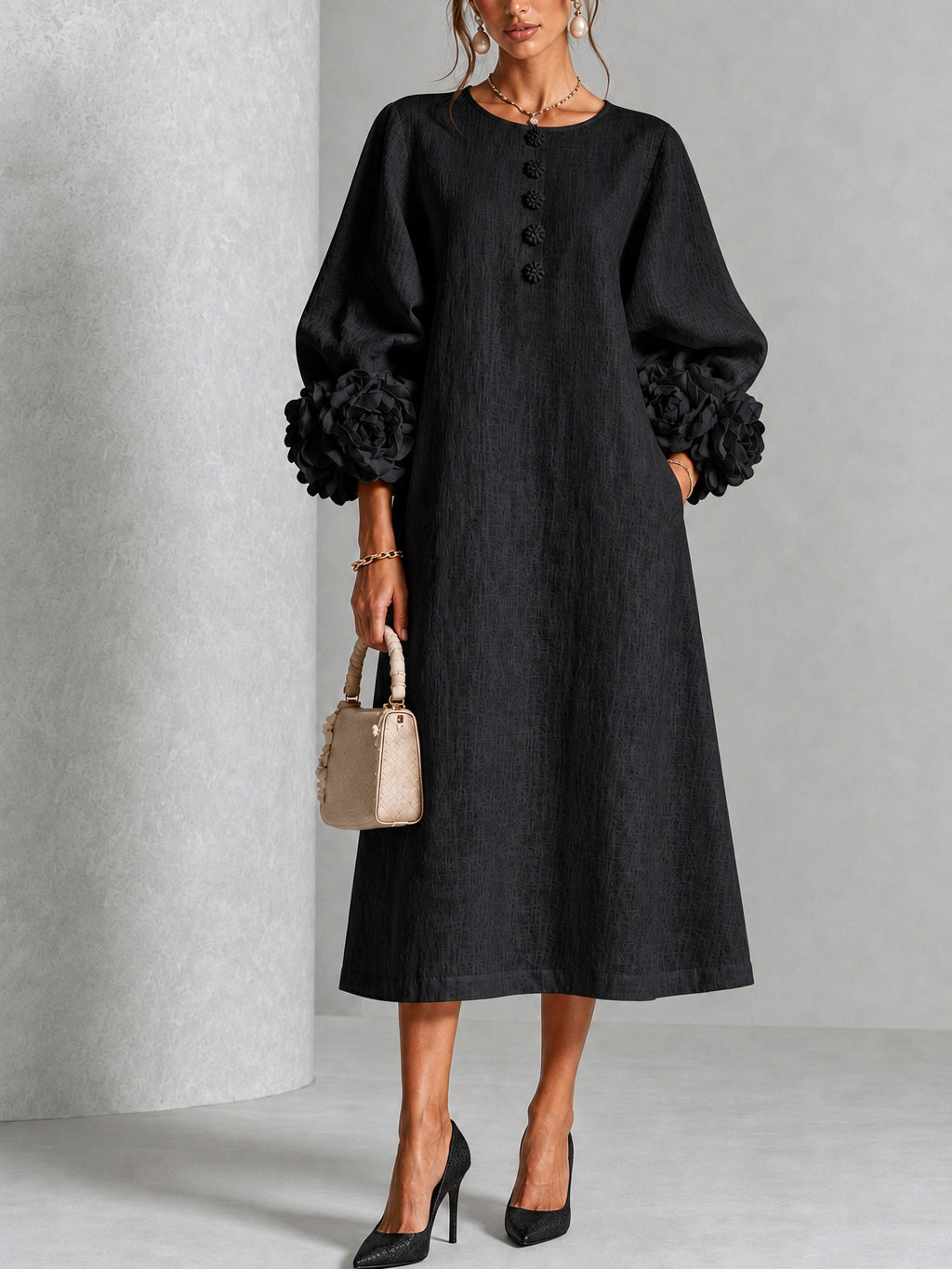 Button Placket Long Puff Sleeve Floral Applique Cuff Midi Dress