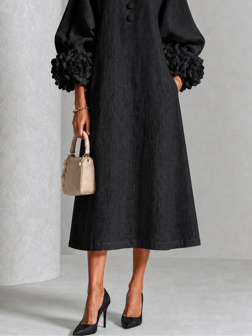 Button Placket Long Puff Sleeve Floral Applique Cuff Midi Dress 4