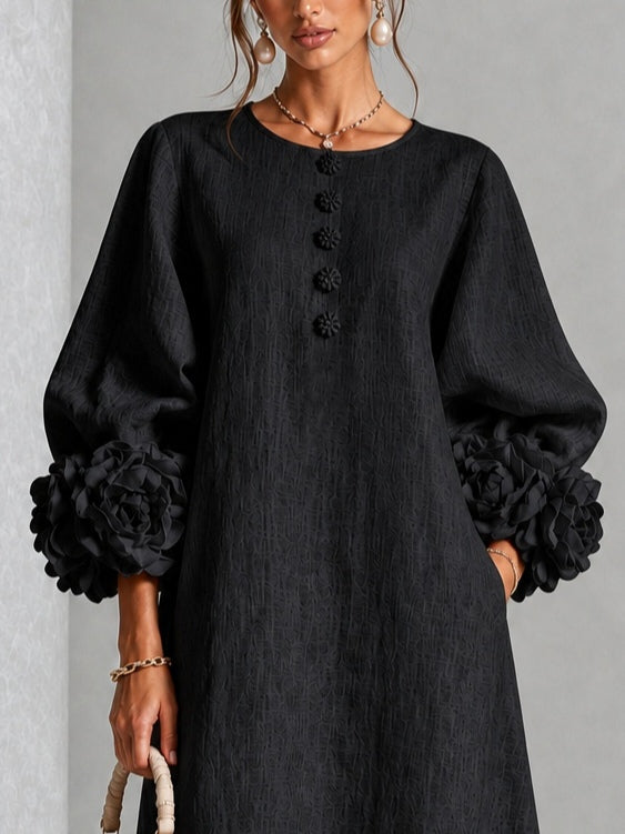 Button Placket Long Puff Sleeve Floral Applique Cuff Midi Dress 3