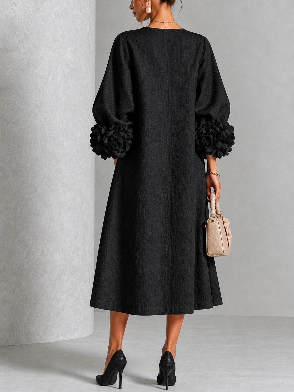 Button Placket Long Puff Sleeve Floral Applique Cuff Midi Dress 2