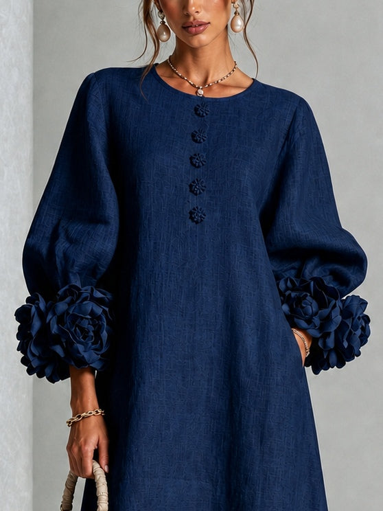 Button Front Balloon Sleeve Floral Applique Cuff Midi Dress 4