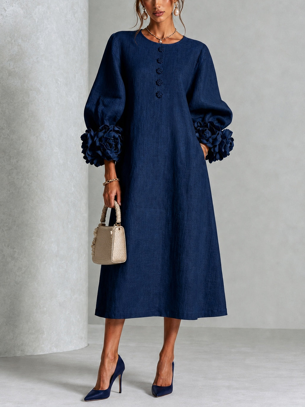 Button Front Balloon Sleeve Floral Applique Cuff Midi Dress