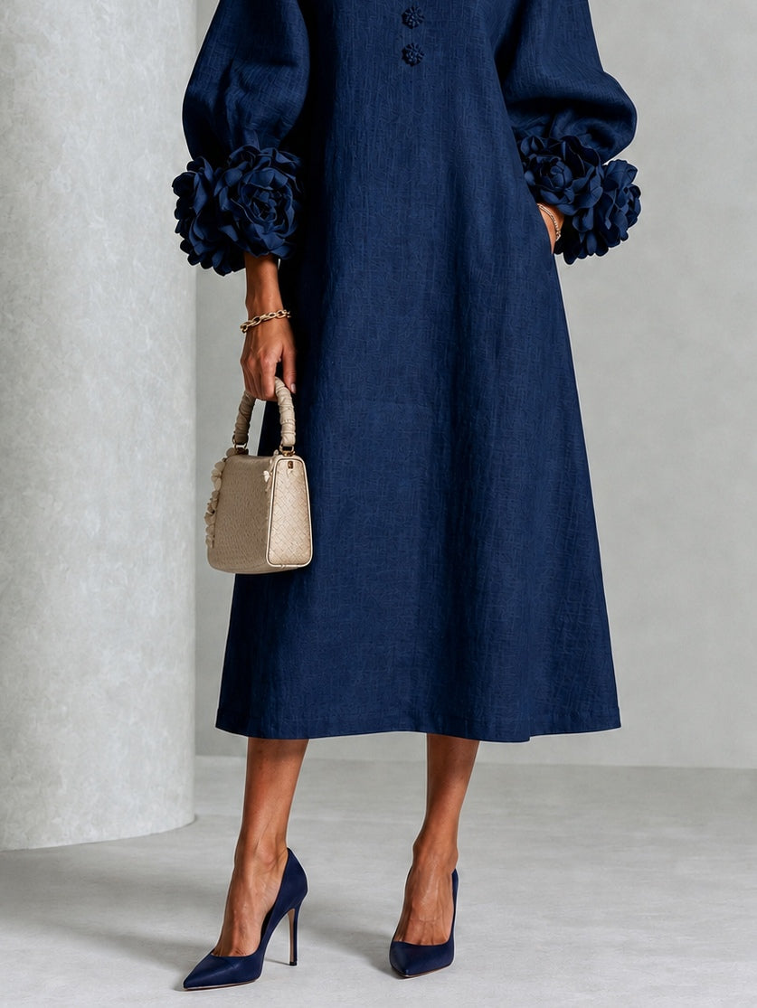Button Front Balloon Sleeve Floral Applique Cuff Midi Dress 5