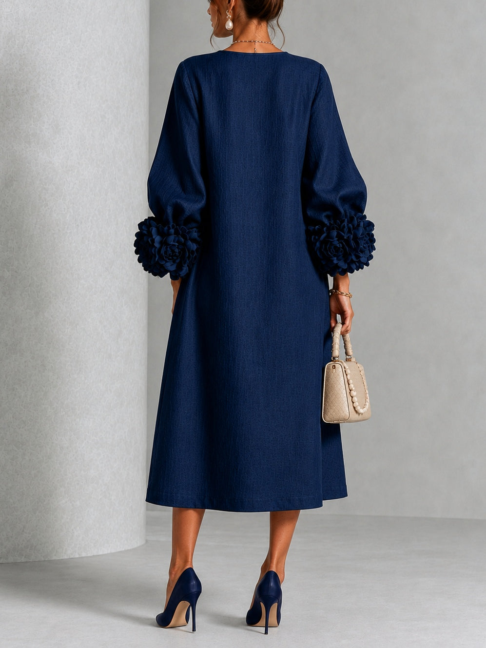 Button Front Balloon Sleeve Floral Applique Cuff Midi Dress 3
