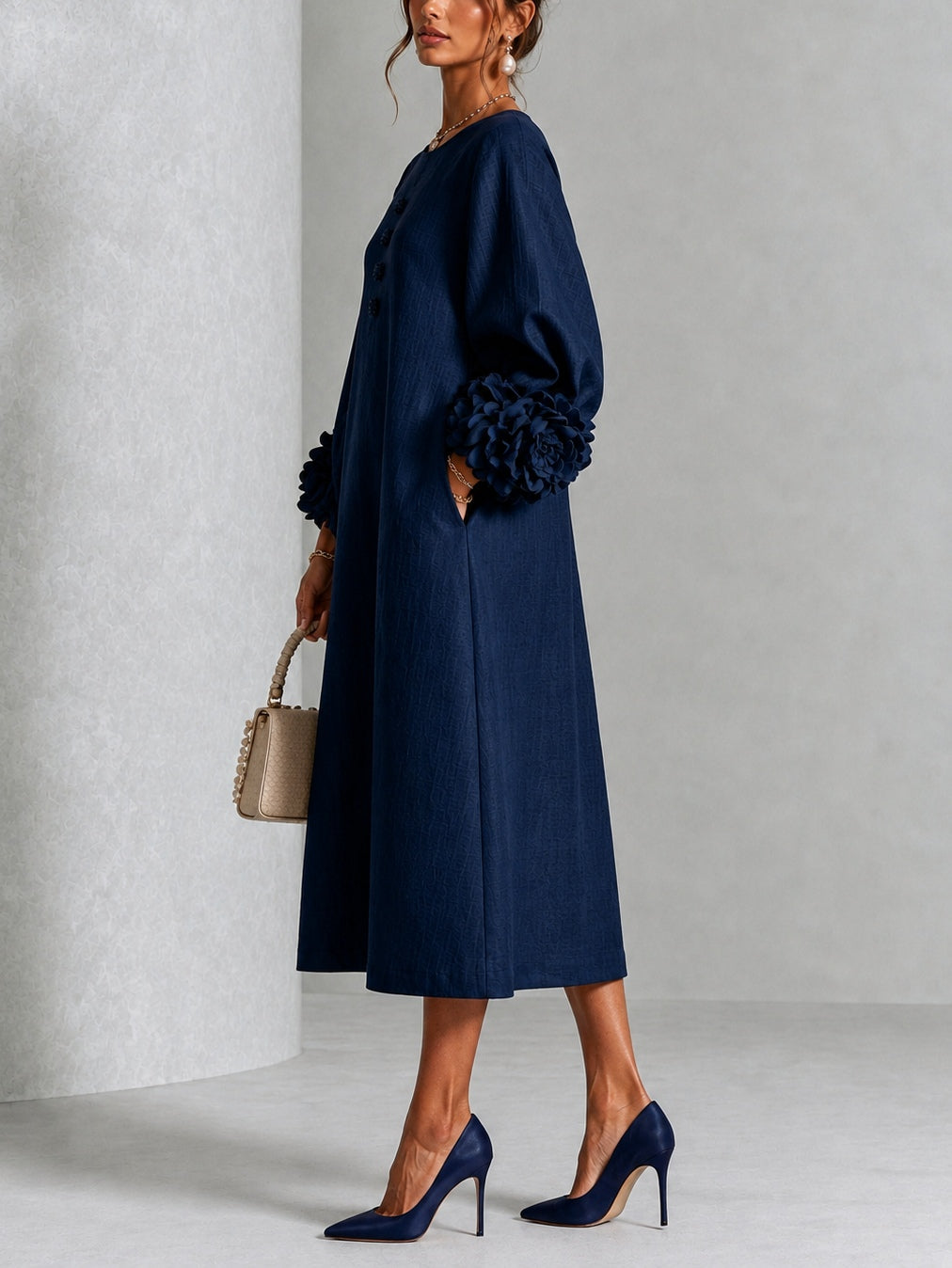 Button Front Balloon Sleeve Floral Applique Cuff Midi Dress 2
