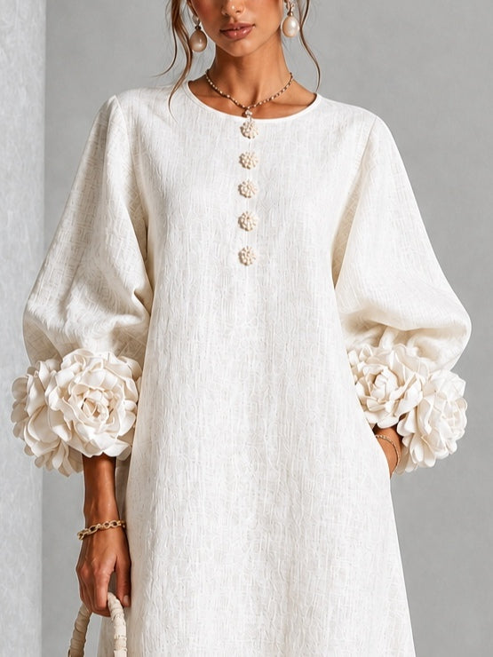 Round Neck Balloon Sleeve 3D Floral Cuff Button Front A-Line Midi Dress 4
