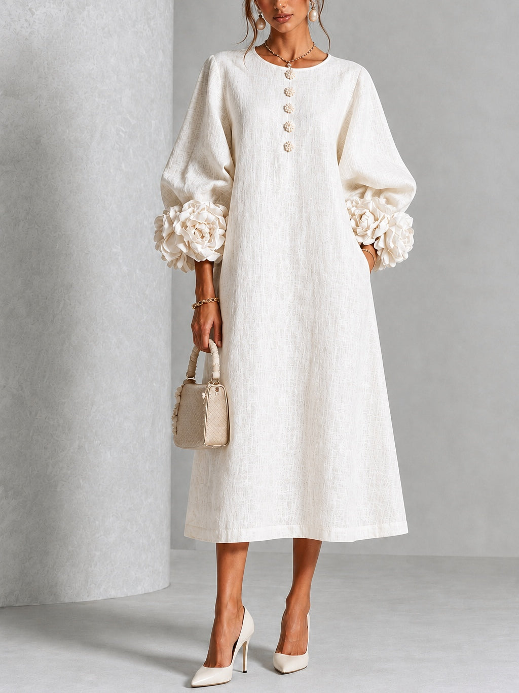 Round Neck Balloon Sleeve 3D Floral Cuff Button Front A-Line Midi Dress