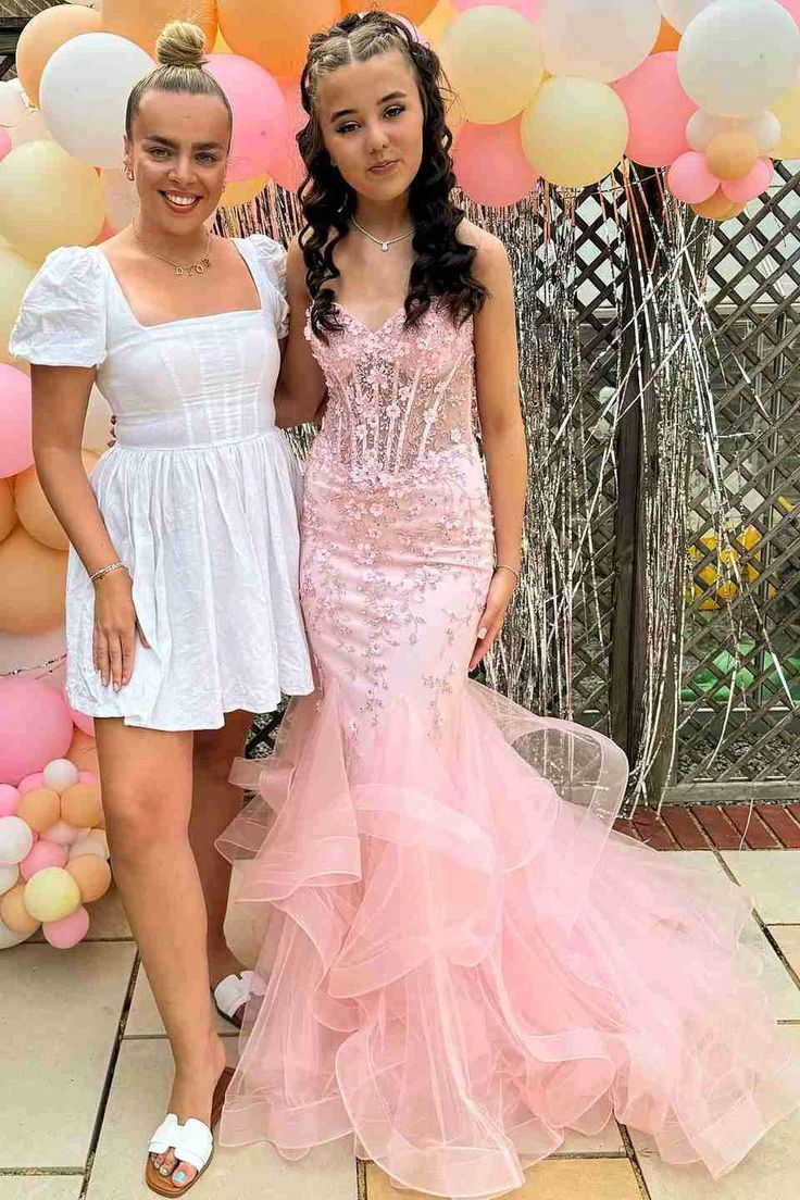 Pretty Strapless Pink Tulle Appliques Beaded Mermaid Party Dress Long Evening Gown D1576