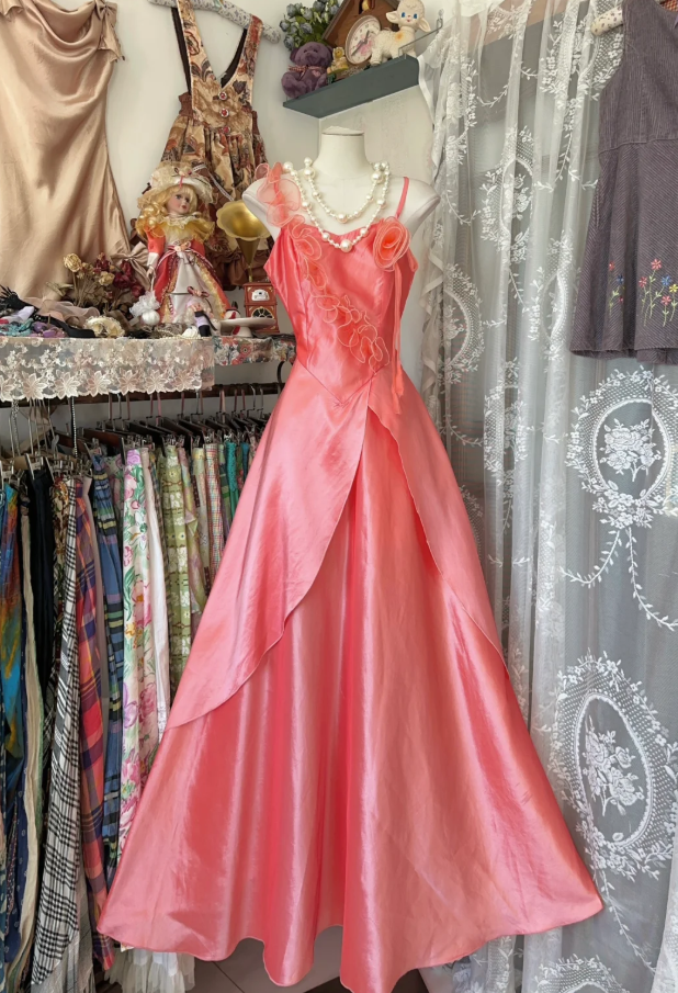 Pretty Spaghetti Straps Peach Pink Satin Long Party Dress Evening Gown D1755