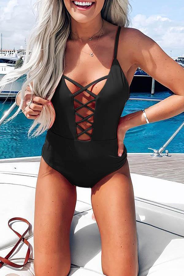 Black Hollow-out One-piece Swimsuit - Fashionpara