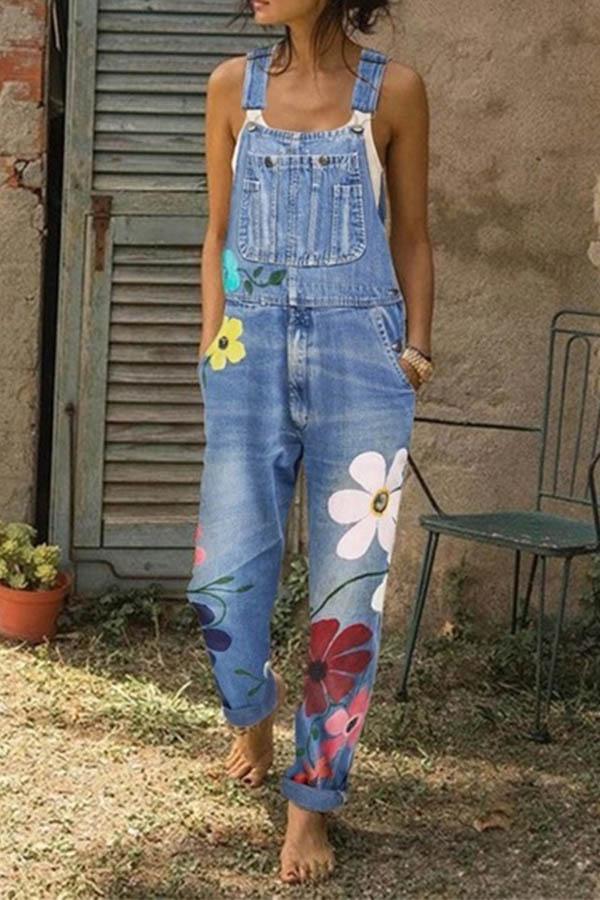 Flower-printed Baggy Jeans With Suspenders
