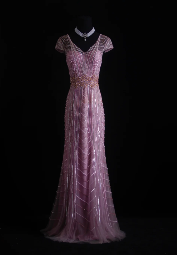 Gorgeous Pink V Neck Tulle Sequin Beaded Mermaid Evening Dress Prom Gown D1157