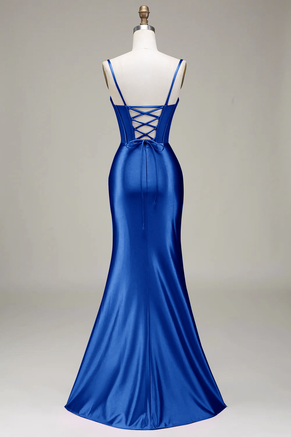 Simple Mermaid Spaghetti Straps Royal Blue Corset Prom Dress with Split Front