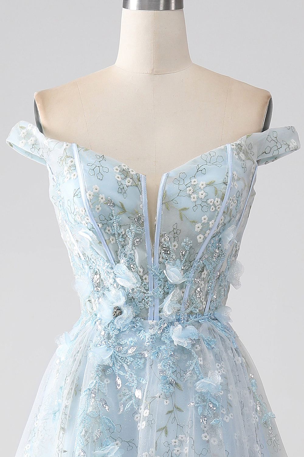 Light Blue A-Line Off the Shoulder Long Corset Prom Dress