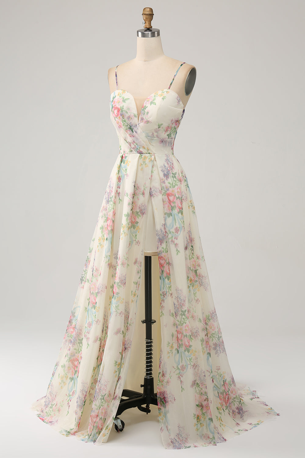 A-Line Flower Printed Ivory Prom Dress with Slit