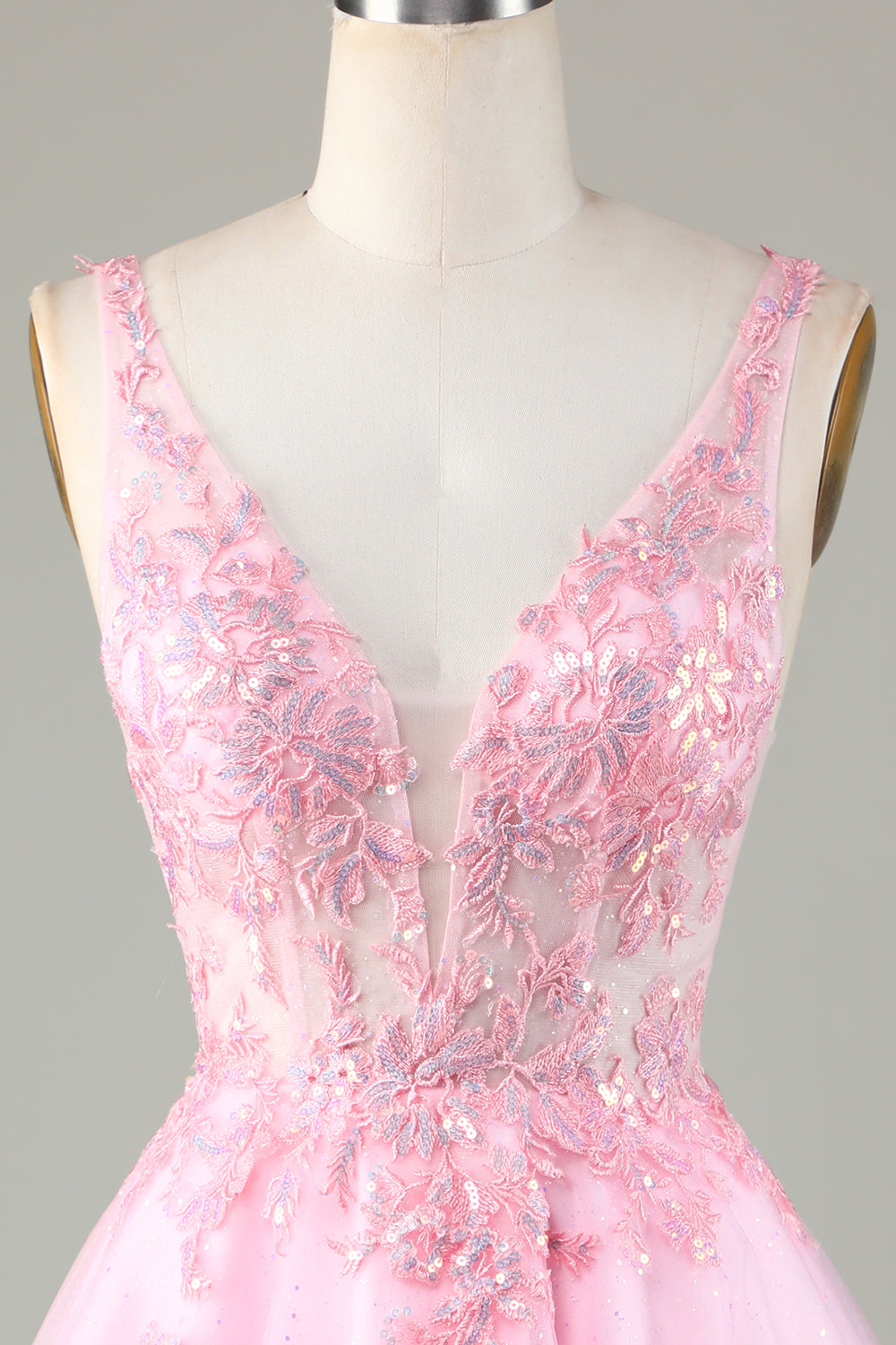 Pink Beaded V Neck Backless Tulle Short Homecoming Dress