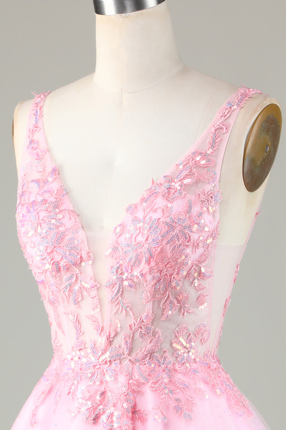 Pink Beaded V Neck Backless Tulle Short Homecoming Dress