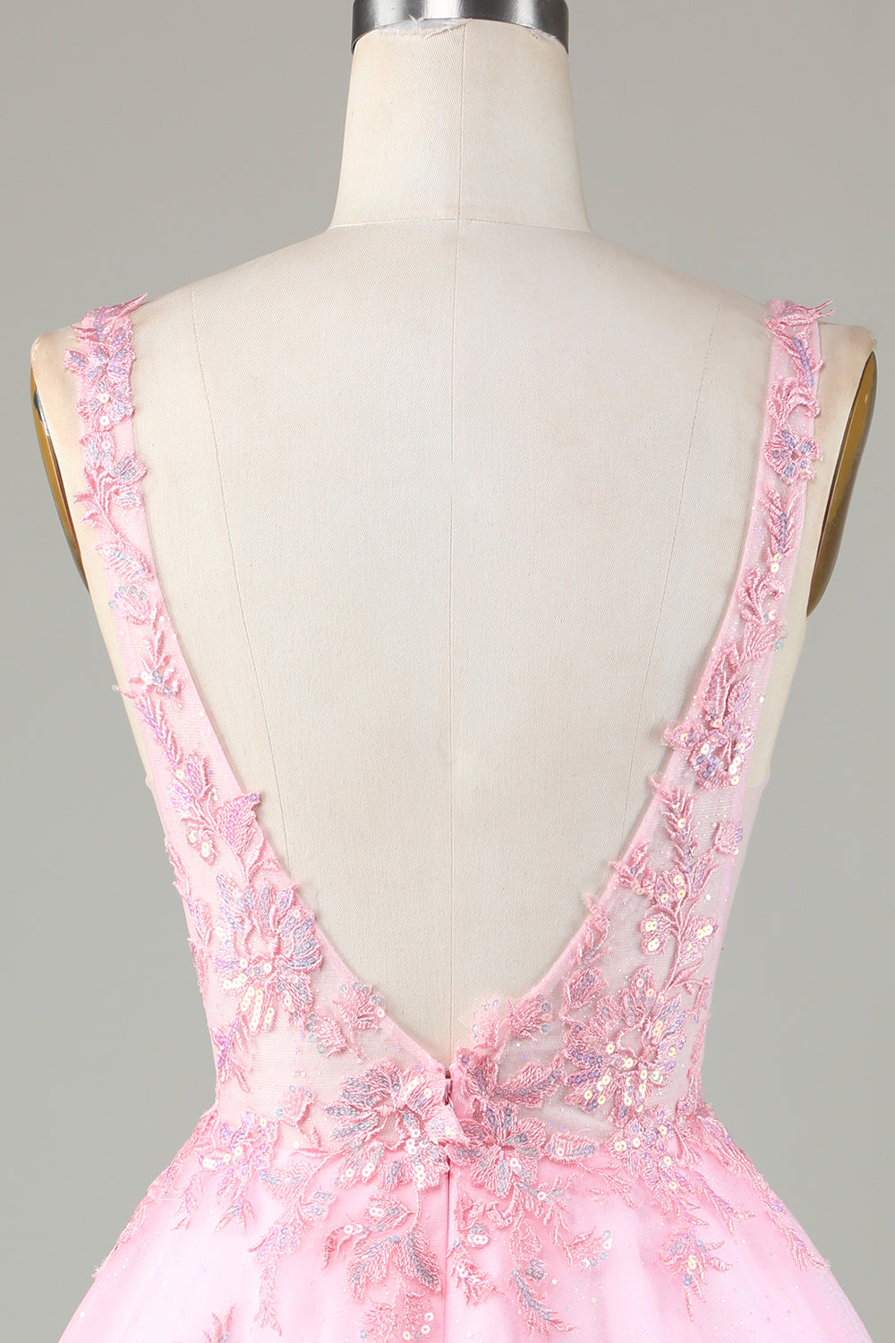 Pink Beaded V Neck Backless Tulle Short Homecoming Dress