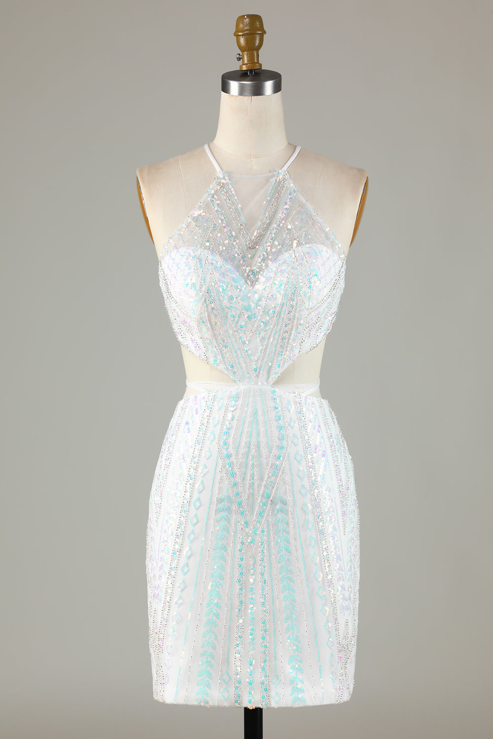 White Halter Neck Beaded Cut Out Tight Short Homecoming Dress