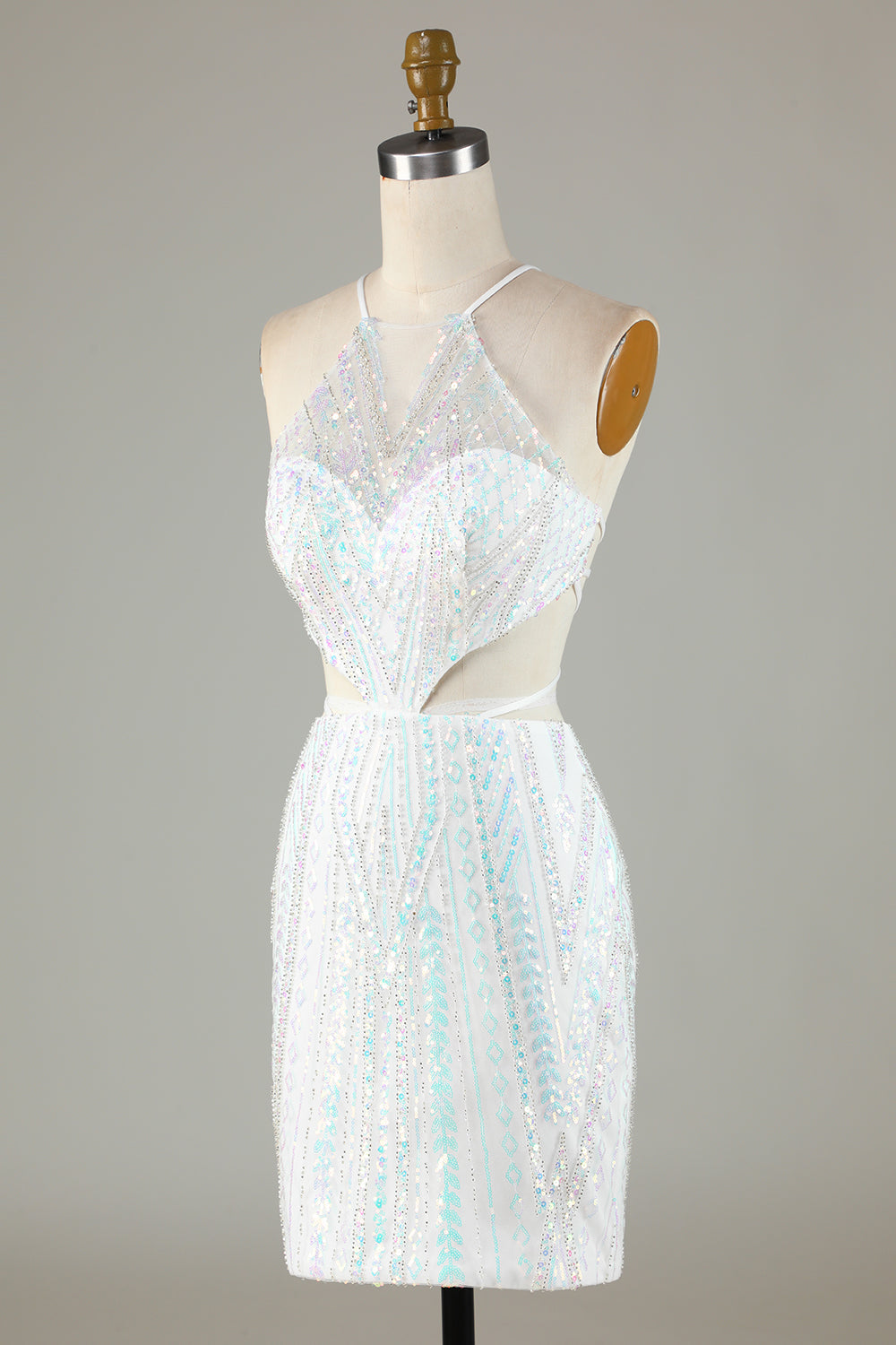 White Halter Neck Beaded Cut Out Tight Short Homecoming Dress