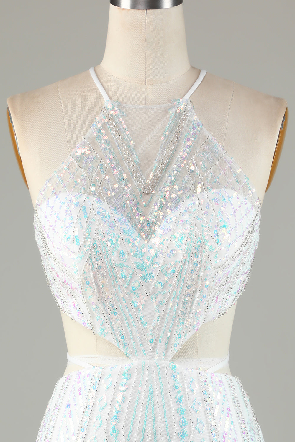 White Halter Neck Beaded Cut Out Tight Short Homecoming Dress