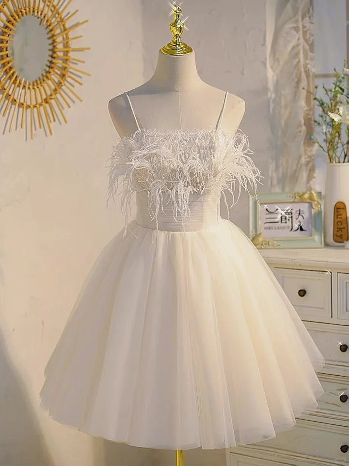 Sweet Spaghetti Straps White Tulle Feathers 19th Birthday Dress Formal Homecoming Dress D357