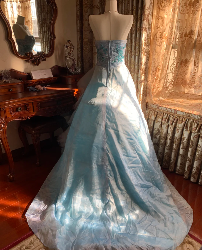 Elegant Blue Strapless Tulle Satin Appliques Long Party Dress Birthday Prom Gown D1772