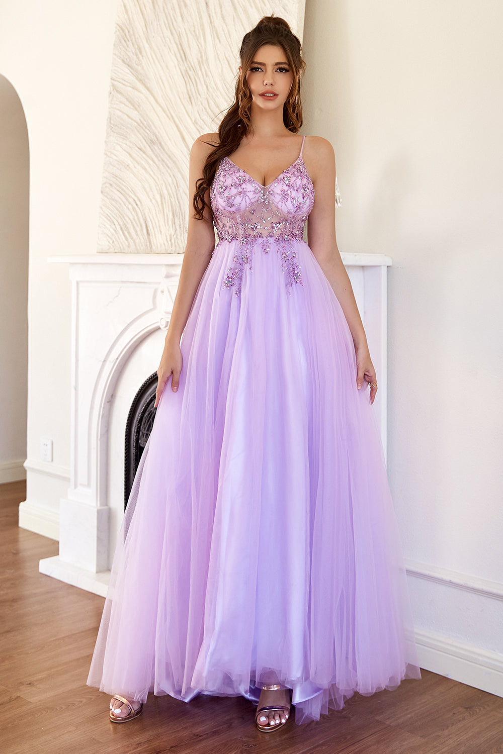 Purple Beading Tulle Prom Dress - Fashionpara